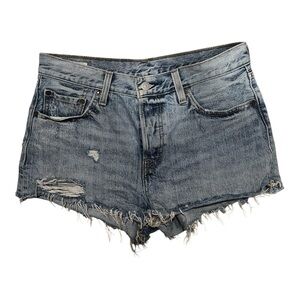 Levis Premium 501 Blue Distressed Denim Jean Shorts Frayed- Size 28